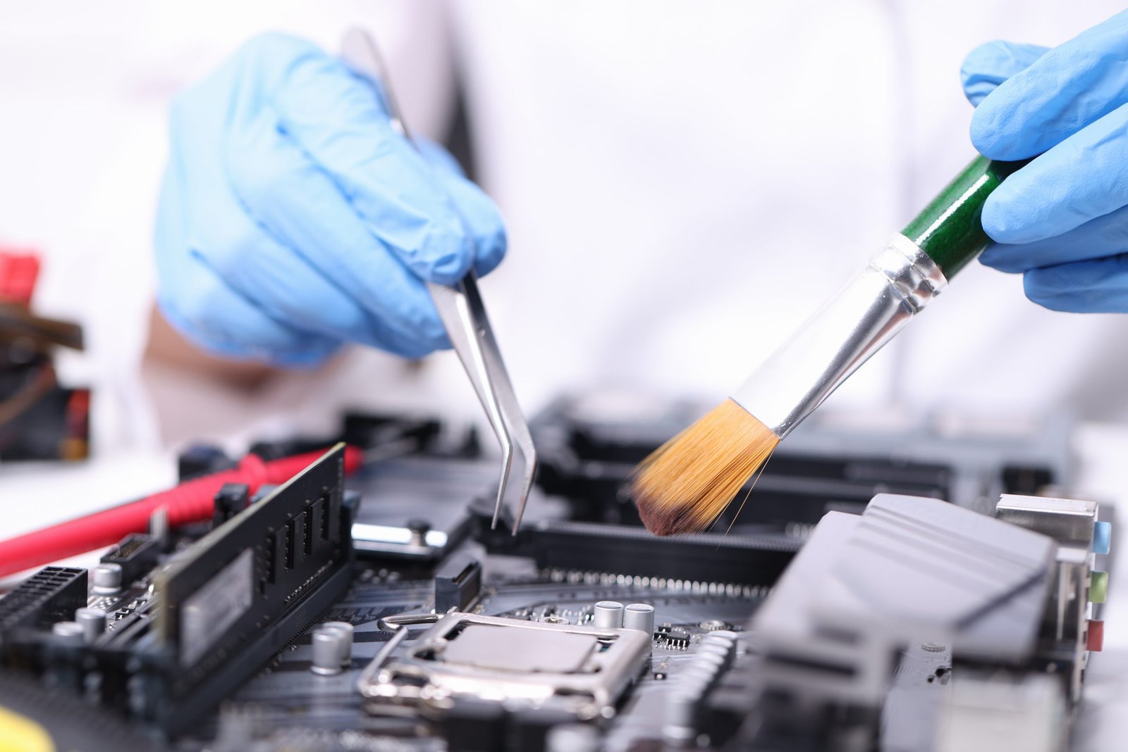Gloved handyman with brush and tweezers repairs motherboard. Maintenance of computer equipment concept