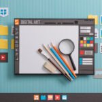 Graphic design software user interface with real tools, creativity and communication concept, collage and paper cut composition